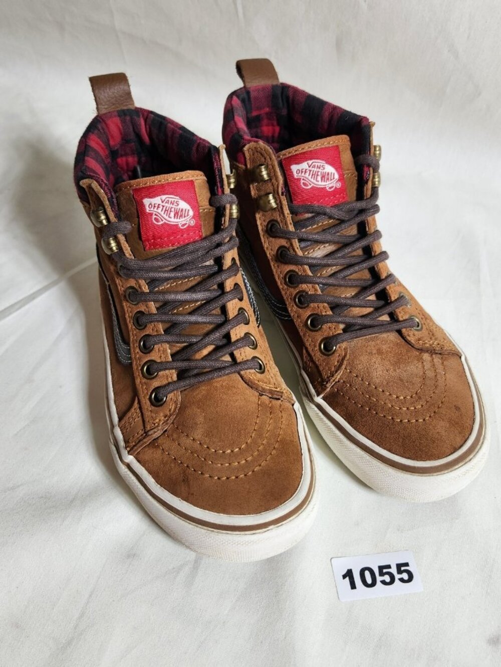 Vans Off the Wall Mens 5 Women 6.5 Brown Suede Skate Sneakers Red Black Plaid
